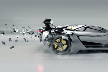 Samochód sportowy rozpada się (rendering 3D)