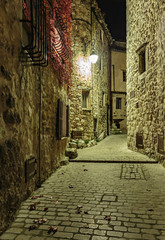 Wąska brukowana ulica z kwiatami w starej wiosce w nocy, Francja.