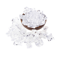 ice cubes wooden bowl isolated on white background