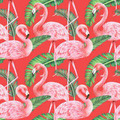 liść palmowy dżungli i flamingo szwu, techniki rysowania ołówkiem kolorowe, ilustracja