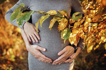 Stylowe ciąży para trzymając się za ręce na brzuchu zbliżenie w słoneczne światło w parku jesień. Szczęśliwi młodzi rodzice, mama i tata, ściskający dziecko garbek, cieszy się pięknego moment przy zmierzchem. Koncepcja rodzicielstwa