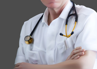 Lekarz w biały płaszcz z stetoskop wokół jej szyi - szczegółowe ilustracja na białym tle na szarym tle, wektor