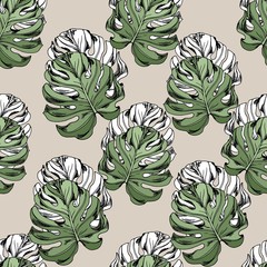 Bezszwowy wzór z tropikalnymi monstera liśćmi. Wektor na beżowym tle.