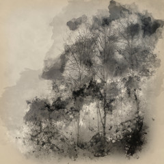 Akwarela malarstwo Moody dramatyczny krajobraz mglisty las Wiosna Jesień Upadek