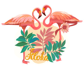 Tropikalne liście palmowe i dwa egzotyczne i różowe flamingi w dżungli. Kwiatowy haftowany wzór na tkaninę. Symbol ptaka, Hawaje. Karta Zoo. Aloha. Ilustracja wektorowa EPS