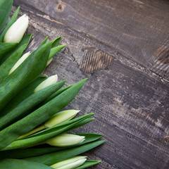 świeżo ścięte białe tulipany na powierzchni drewnianych