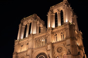 Katedra Notre Dame w Paryżu i jej oświetlenie nocą, Francja