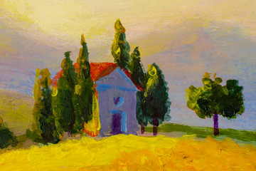 Oryginalny obraz olejny na płótnie piękny zachód słońca w grafice Toskanii; Włochy krajobraz Ilustracja sztuki współczesnej.