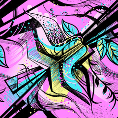 kwiatowy i ornament geometryczny wzór czarny różowy niebieski