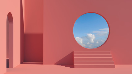 Arch and stairs in trendy minimal interior. 3d render illustration in modern geometric style. Coral pastel colors background for banners for product presentation.