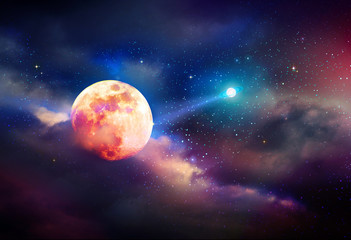 Ciemne nocne niebo z planetą, gwiazdami i pełnią księżyca.