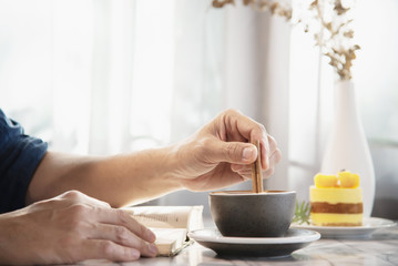 People serve beautiful fresh relax morning coffee cup set - people with coffee set background concept