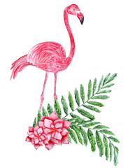 Tropikalny kolaż z liśćmi, kwiatami i różowym flamingiem. Ręcznie rysowane akwarela ilustracja.