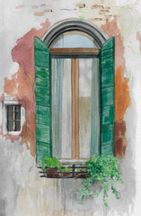 Okno jest śródziemnomorskie. Okna weneckie. Malarstwo akwarelowe. Ręcznie rysowane akwarela Włochy okno. Element architektoniczny.