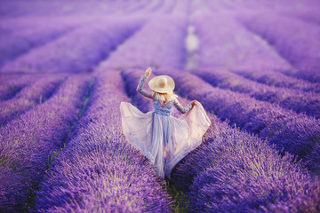 Kobieta w lawendowym kwiatu polu przy zmierzchem w purpurowej sukni. Francja, Prowansja