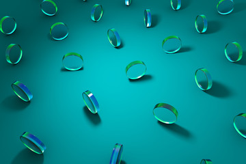 3D szklanych kształtów geometrycznych obiektu z .color odbicia i cienie na turkusowym tle pastelowych. Abstrakcjonistyczna komputerowa rendering ilustracja.