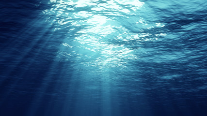 3D rendering of underwater light creates a beautiful solar curtain. Underwater ocean waves oscillate and flow with the rays of light