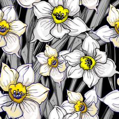 Monochromatyczny botaniczny bezszwowy wzór z ręka rysującymi kwitnie daffodils, narcyz. Projekt florystyczny na szarym tle czarnym. Ilustracja wektorowa