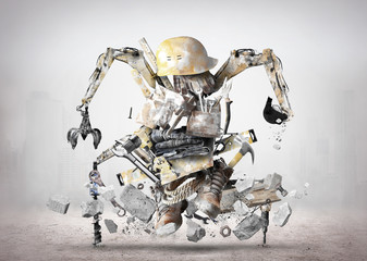 Ogromny robot budowlany, narzędzia z maszyn budowlanych w stylu grunge