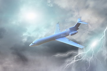 Odrzutowiec w ciemnym burzowym niebie 3d render