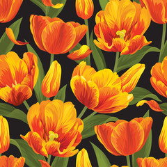 Bezszwowy wzór pomarańczowy tulipan kwitnie tło. Wektor zestaw kwitnący kwiatowy na wakacje zaproszenia, karty z pozdrowieniami i projektowania mody.