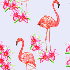 Jednolite wzór z flamingów i kwiatów. Akwarela
