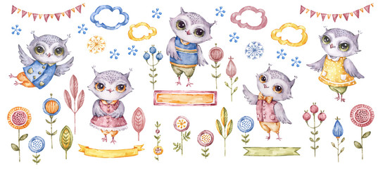 Akwarela słodkie zwierzęta ptaki i etniczne kwiaty. 