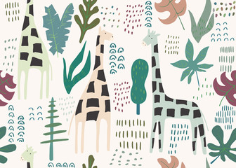 Wzór dżungli. Zwierzęcy druk z żyrafą. Tło lato. Ilustracji wektorowych