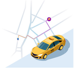 Obsługa taksówki. Pojęcie taksówki. Wektor 3d izometryczny ilustracja żółty samochód taxi z najkrótszą mapą trasy do domu