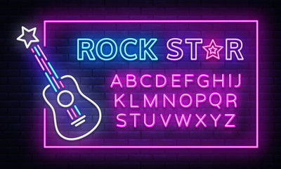 Muzyka rockowa neon znak wektor. Szablon Neon Frame Rock Star Design, lekki baner, szyld nocny, jasna reklama nocna, jasny napis. Ilustracji wektorowych. Edycja tekstu neonu