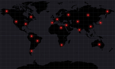 Mapa świata ze znakami niebezpieczeństwa na całym świecie. Symbole uruchamiają broń lub akcję wojskową.