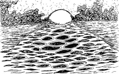 Morze zachód słońca - atrament ręcznie rysowane szkic. Artystyczna ilustracja z pogodnym krajobrazem. Grafika wektorowa