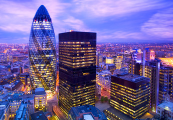 Elevated view of the financial district of London at duskLondon, England., London, England.