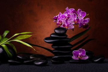 Spa, koncepcja. kompozycja z bambusa, kwiatów orchidei i czarnych kamieni