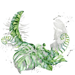 Akwarela tropikalny wieniec z liści monstera, banan i palmy zielony i srebrny ilustracja