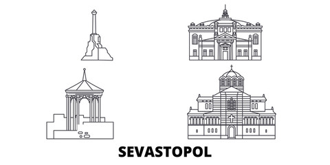 Russia, Sevastopol flat travel skyline set. Russia, Sevastopol black city vector panorama, illustration, travel sights, landmarks, streets.