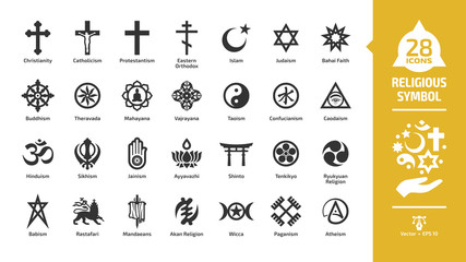 Symbol glifów symbol religijny zestaw z krzyżem chrześcijańskim, półksiężyc islamu i gwiazda, judaizm gwiazda dawida, koło buddyzmu dharmy, hinduizm aum list religia sylwetka znak.