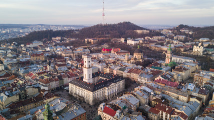 Top view from of the city hall on houses in Lviv, Ukraine. Lviv old town from above.