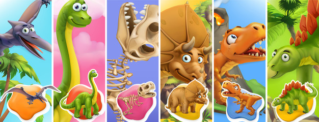 Postać z kreskówki dinozaurów. Brachiosaurus, pterodaktyl, tyrannosaurus rex, szkielet dinozaura, triceratops, stegozaur. Śmieszne zwierzęta 3d zestaw ikon wektorowych