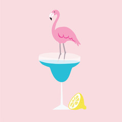 Summer greeting card, invitation. Hand drawn lemon fruit and pink flamingo bird standing in margarita cocktail drink. Vector illustration background. Modern flat design.