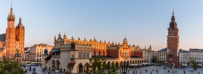 view of the main square of krakow and mariac church at spring