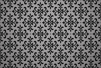 Tapeta w stylu barokowym. Bezszwowe tło wektor. Czarny kwiatowy ornament.