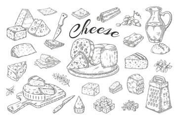Szkic sera. Ręcznie rysowane produkty mleczne, plastry żywności dla smakoszy, ser cheddar brie z parmezanem. Wektor śniadanie vintage ilustracji ołówek.