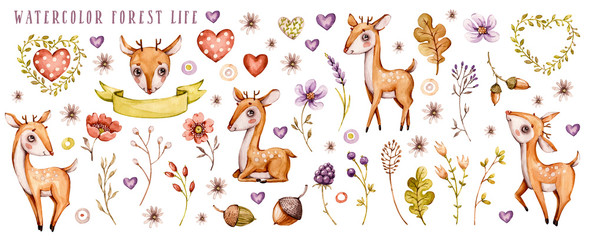 słodkie sarenki i drobne kwiatuszki na jasnym tle