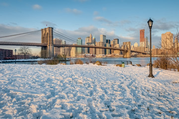 Manhattan Skyline from Pebble Beach in Brooklyn, United States.