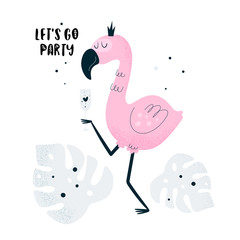 Cute lovely flamingo bird with cocktail in paradise summer jungle beach. Lets go party. Summer travel, holiday, birthday card. Good for print, poster, card, decoration, textile, texture and souvenir