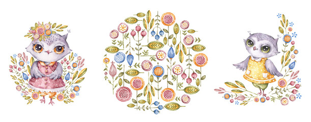 kolorowe sówki w folkowym stylu