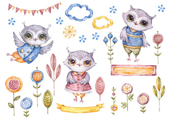 Akwarele sowy, elementy kwiatowe