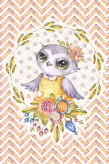 Aquarelle sowa, ramka kwiatowa, tło zygzak