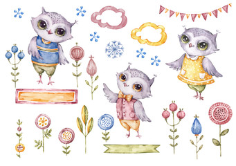 kolorowe sowy dla dzieci na jasnym tle